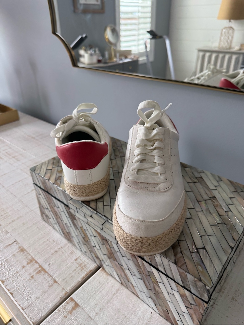 Dr. Scholl's White Platform Lace-Up Sneakers with Red Heel Tab